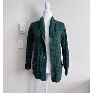 Lands End Chunky Cable Knit Cardigan Sweater Womens XS Green Coastal Outdoor